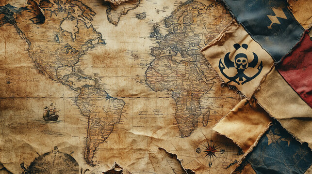 A vintage map collage background highlighting the golden age of piracy and sea voyages. The layered maps, pirate flags, and treasure routes create an adventurous and historical scene.