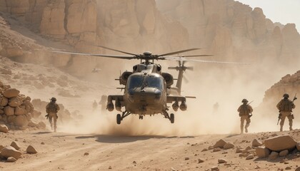 A military helicopter lands on a rocky plateau in the Middle East under the intense summer heat. Dust and sand are stirred by the rotors as soldiers disembark, securing the perimeter and unloading sup