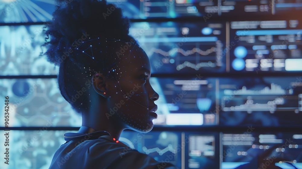 Leinwandbilder black woman working in office and futuristic graphical user interface concept ict information commun