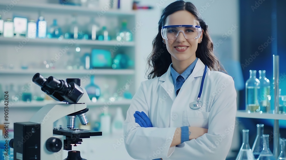 Aufkleber portrait scientist and happy woman on microscope with arms crossed in lab for chemistry research lap