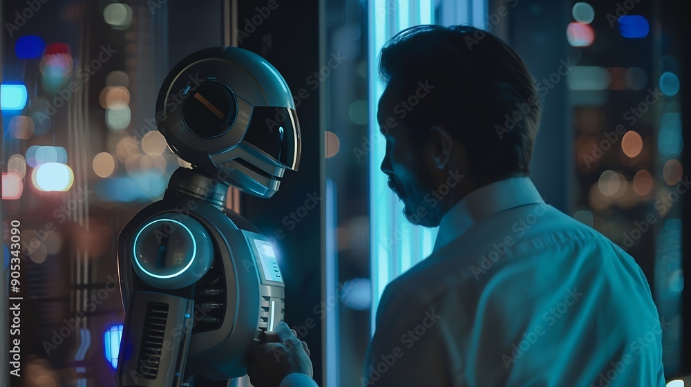 Aufkleber AI robotic Artificial Intelligence businessman using AI chatbot for conversation with human Futuristic technology and digital communication concept : Generative AI