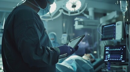 Doctor Utilizing Advanced Digital Tablet Technology in Modern Healthcare Medical Professional in Operating Room Analyzing RealTime Patient Data CuttingEdge Medical Innovations and solu : Generative AI