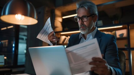 Fototapeta premium Busy middle aged executive mature ceo male hr account manager holding documents using laptop computer in office checking financial bill data in report doing accounting paper file plan : Generative AI