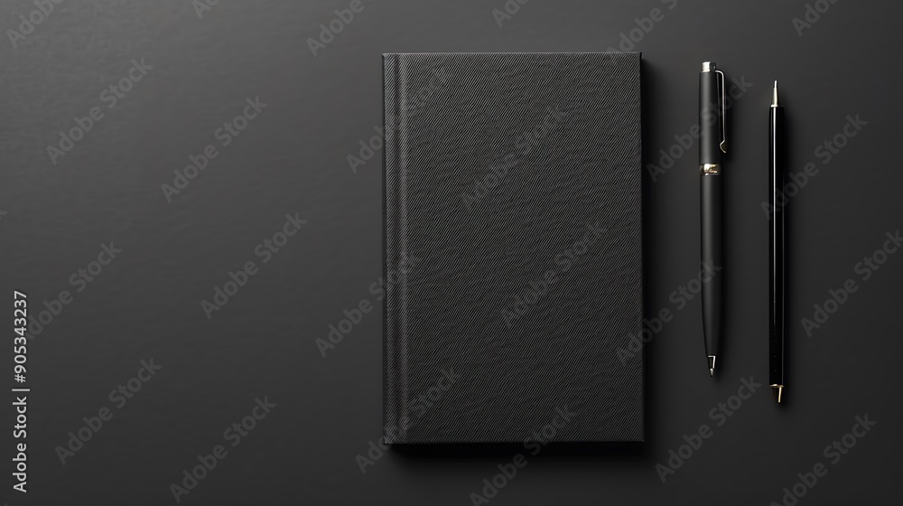 Poster solid gray background with notepad and pen, ample copy space