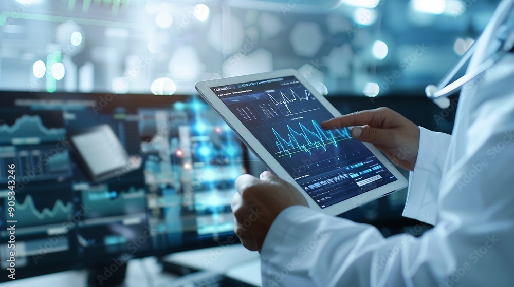 Aufkleber Medical technology EMRs Electronic medical record system concept Doctor using digital tablet laptop computer with electronic health data and  internet network connection virtual hospit : Generative AI