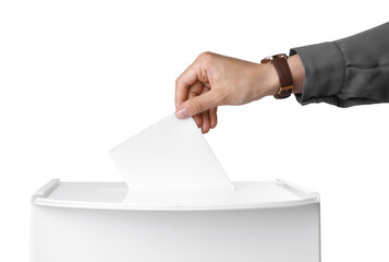 Woman putting her vote into ballot box against white background, closeup