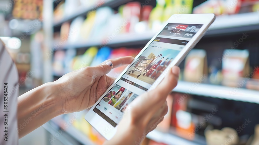 Aufkleber hands holding a modern tablet displaying an ecommerce webpage concept of online shopping with a seam