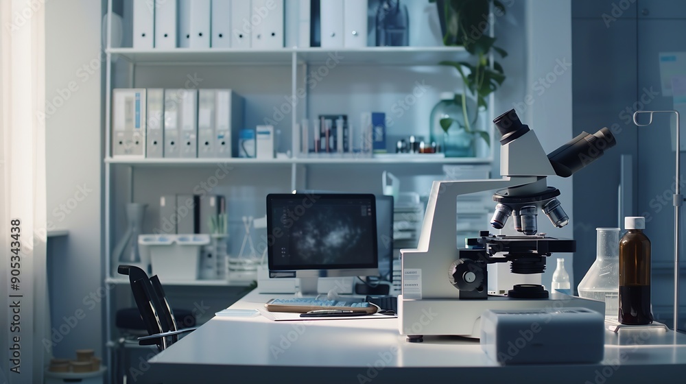Aufkleber Empty room and microscope with computer in laboratory for medical workspace science and innovation for research breakthrough Interior equipment and desktop with technology for experime : Generative AI