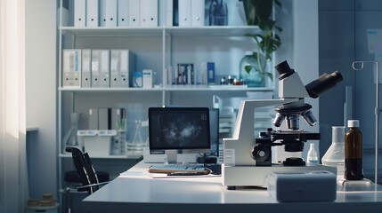 Empty room and microscope with computer in laboratory for medical workspace science and innovation for research breakthrough Interior equipment and desktop with technology for experime : Generative AI