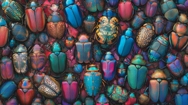 A pattern of colorful beetles with intricate shell designs in various shades of blue, red, and green, forming a fascinating and vibrant background.