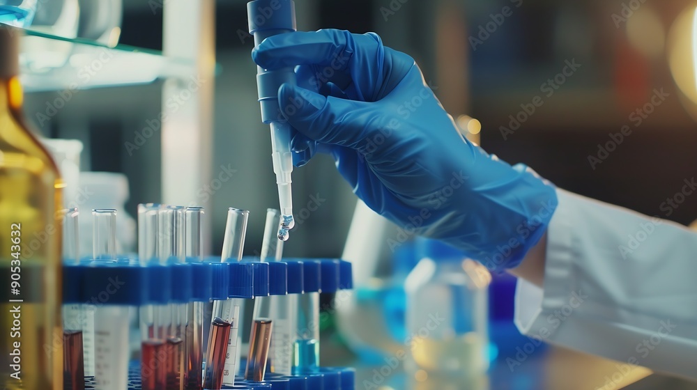 Leinwandbilder medical development research laboratory chemist or science scientist student hand in glove drop wate