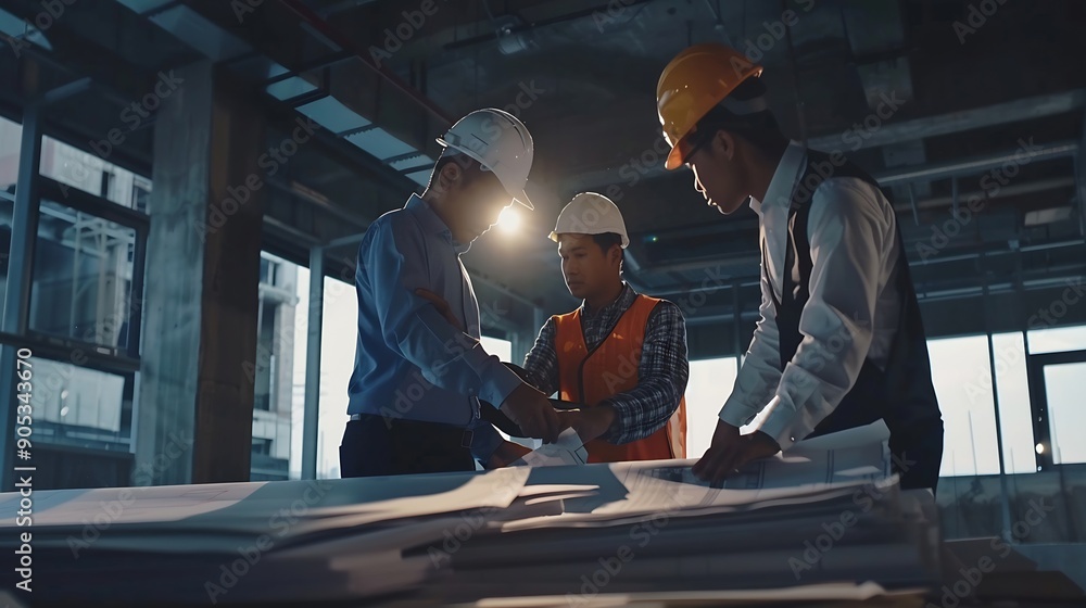 Poster team engineer foreman architect meeting for colleagues discussing and checks construction blueprints