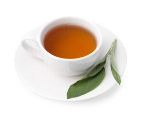 Aromatic herbal tea in cup with sage isolated on white