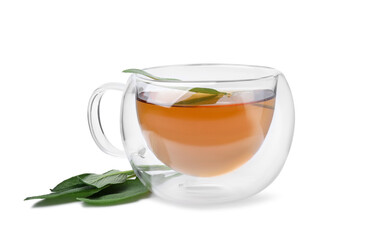 Aromatic herbal tea in cup with sage isolated on white