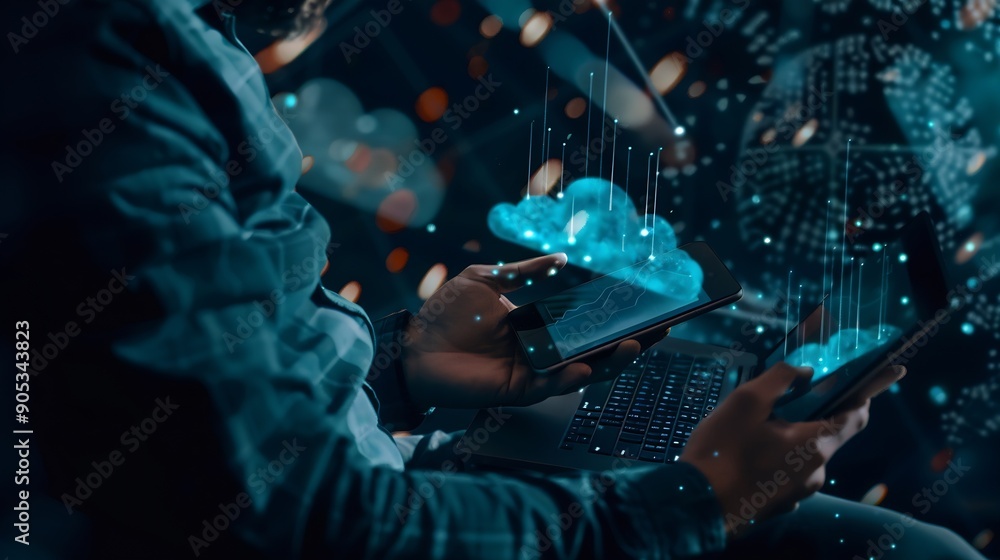 Poster Digital technology cloud computing concept Software engineer using mobile smart phone and laptop computer with global network connection Technology innovative and communication concept : Generative AI