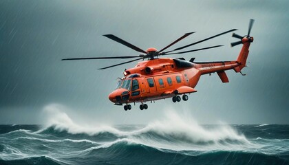 A rescue helicopter hovering above a turbulent ocean, battling heavy rain and powerful gusts as it searches for a stranded vessel.
