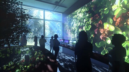 Visitors explore a vibrant exhibition showcasing nature through immersive visual displays and innovative design.