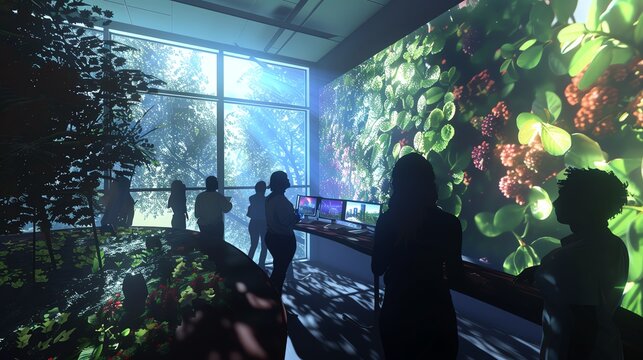 Visitors explore a vibrant exhibition showcasing nature through immersive visual displays and innovative design.