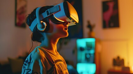 A child experiences immersive virtual reality technology at home, showcasing excitement and innovation in gaming.