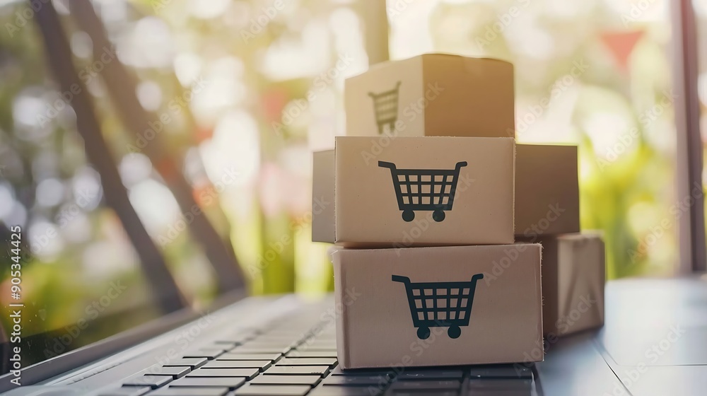 Poster shopping online cardboard box with a shopping cart logo in a trolley and paper bag on laptop keyboar