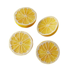 Lemon slices, both whole and halved, isolated on a transparent background. Viewed from above.