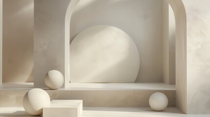 Minimalistic interior with spheres and soft light, modern abstract background