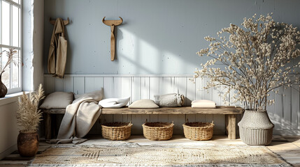 A room with a wooden bench and a vase of flowers
