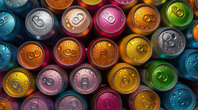 A collection of colorful drink cans with droplets on the surface, emphasizing variety and refreshment.