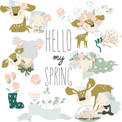 Vector set with beautiful girl with cute deer meeting spring
