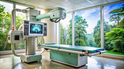 Demonstration of medical equipment, in the hospital premises, ultrasound, MRI, CT, X-ray machine, massage chair