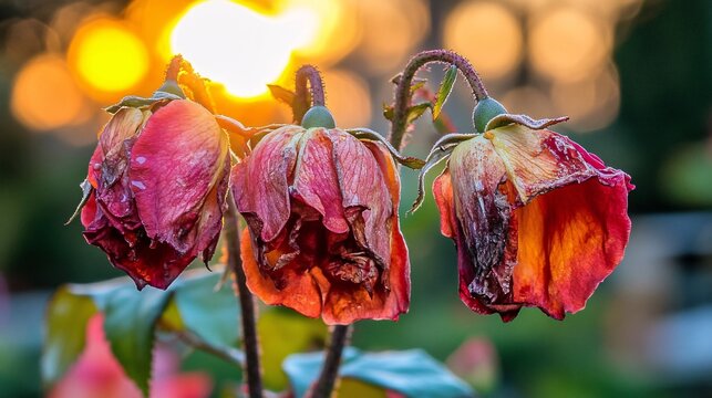 A beautiful yet somber scene of flowers wilting in a garden as summer comes to an end. The petals are starting to dry and fall, with the warm glow of the setting sun casting long shadows. This image