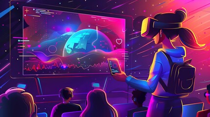 Obraz premium A person experiences virtual reality, enjoying immersive entertainment, with a vibrant holographic display in the background.