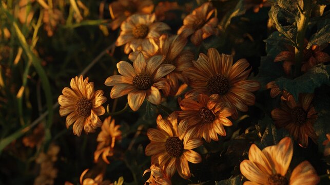This image features a close-up of fading flowers, their petals curling and colors dulling as summer ends. The late afternoon sun provides a warm, soft light that highlights the delicate, ephemeral