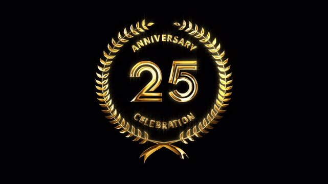 25th Anniversary Celebration. Happy 25 Years Anniversary Animation in Gold Color on the Transparent Background, Alpha Channel. Great for greetings, celebrations, events, and gifts.