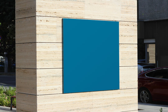 Blank blue office, restaurant or shop sign mockup, large billboard banner on a storefront template.