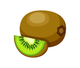 Fresh and tasty kiwi in cartoon style. Vector illustration of vitamin, nutritious kiwi fruit: whole, piece isolated on white background. A healthy snack.