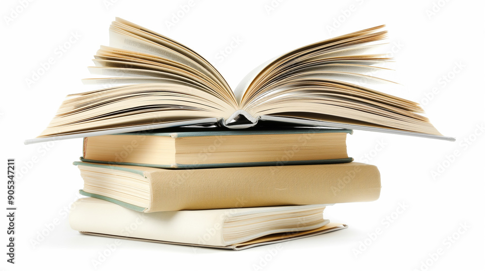 Poster a stack of open books with one flipped open on top, symbolizing knowledge, learning, and education.
