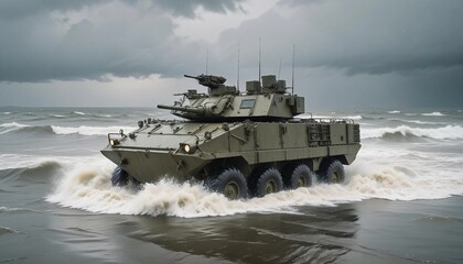 An amphibious assault vehicle navigating through choppy waters and heavy rain as it approaches a storm-battered shoreline during a military exercise.
