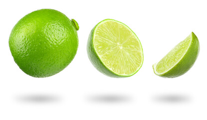 Fresh lime isolated on white, collage. Whole, half and slice