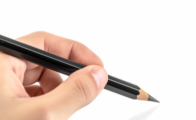 A hand holding a sharpened black pencil poised on a white background, ready to write or draw.
