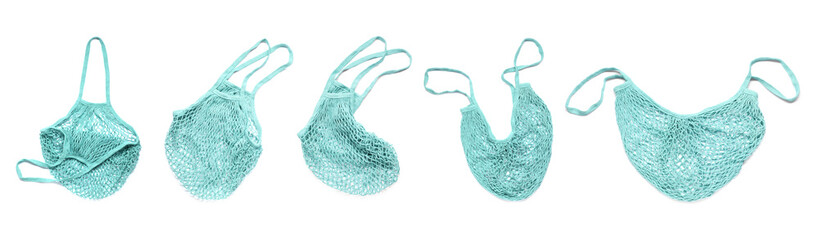 Collage with turquoise string bag isolated on white, top view