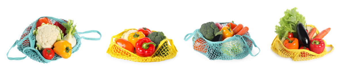 Set of different string bags with vegetables isolated on white, top and side views