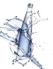 Bottle of water and splashes in air on white background