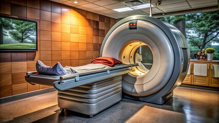 Demonstration of medical equipment, in the hospital premises, ultrasound, MRI, CT, X-ray machine, massage chair