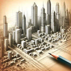 Architekten Zeichnung Planung stätdische Skyline Hochhäuser Büro und Wohnen als Bleistift Skizze auf altem Papier 3D Wirkung Bauwerke Entwurf zeichnen technisch architektonisch Straßen Wege Fassaden 