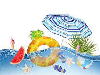 Summer creative collage with beach stuff in water on white background