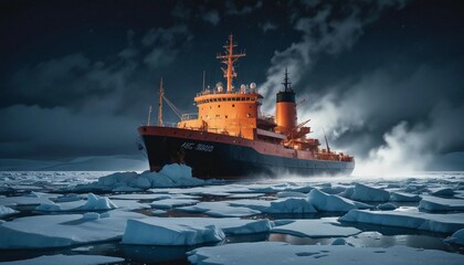 An icebreaker ship cutting through thick sea ice in the Arctic, under the dim light of the polar night, as snow and wind swirl around it.
