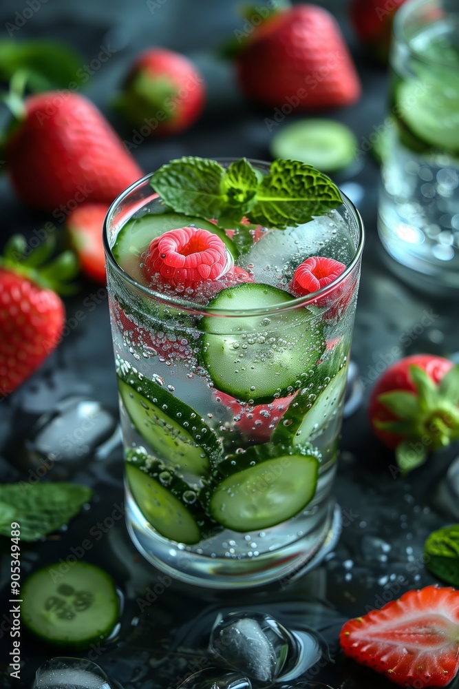 Poster refreshing cucumber mint beverage with strawberries and raspberries on a dark background