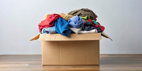 Clothes in cardboard box ready for recycling or donation, clothing, donation, cardboard box, recycling