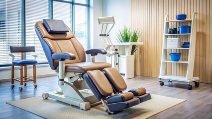 Demonstration of medical equipment, in the hospital premises, ultrasound, MRI, CT, X-ray machine, massage chair